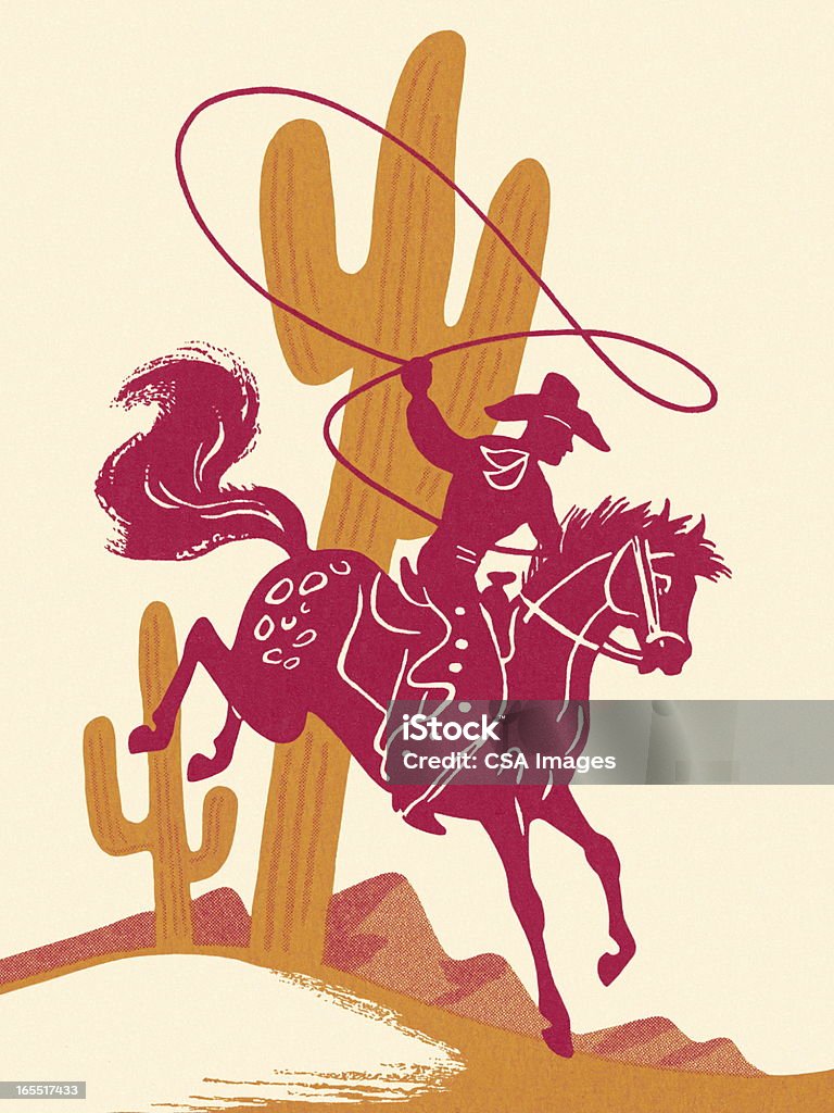 Cowboy chevauchant un cheval dans le désert - Illustration de Cow-boy libre de droits