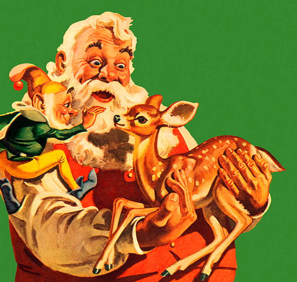 ilustraciones, imágenes clip art, dibujos animados e iconos de stock de santa claus holding a cervato - green background color image people animal