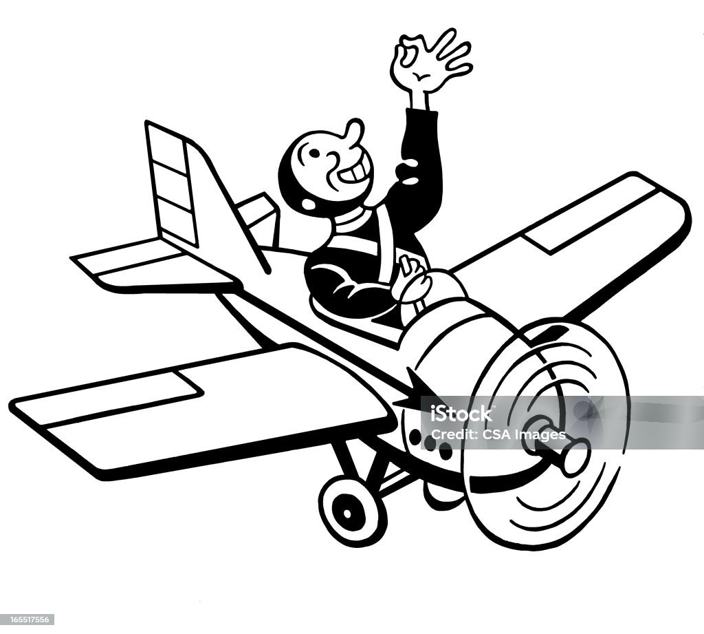 Hombre un pequeño Avión volando - Ilustración de stock de Blanco y negro libre de derechos