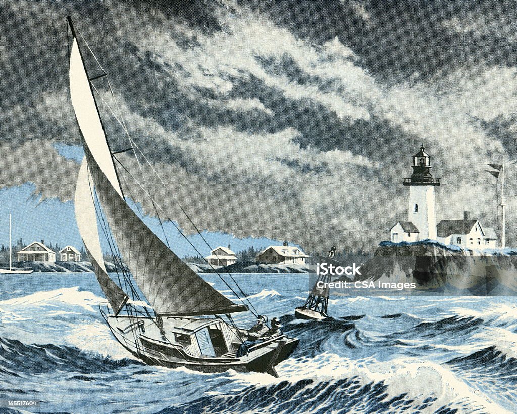 Barco à vela no mar no meio de uma tempestade - Ilustração de Tempestade royalty-free