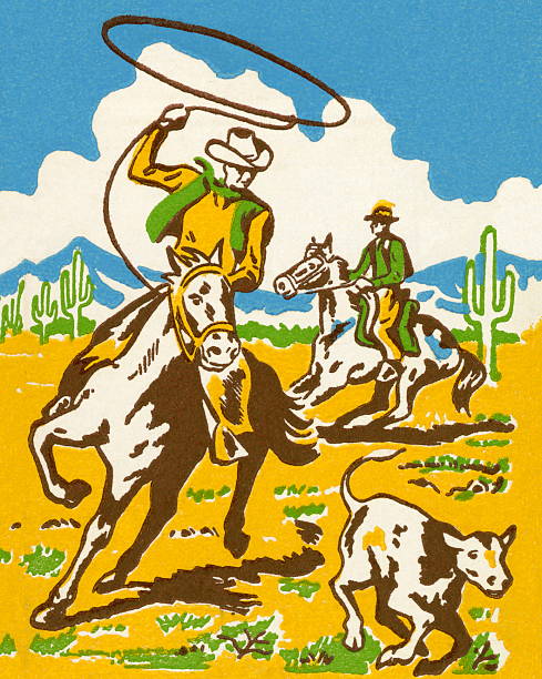 Cowboy Wrangling a Calf Cowboy Wrangling a Calf wild west illustrations stock illustrations