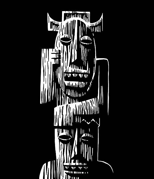 деревянные tiki статуя - black background colored background single object line art stock illustrations