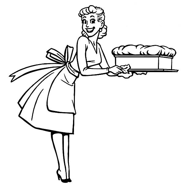 ilustrações de stock, clip art, desenhos animados e ícones de mulher a segurar um suflé - waitress stereotypical homemaker black and white service