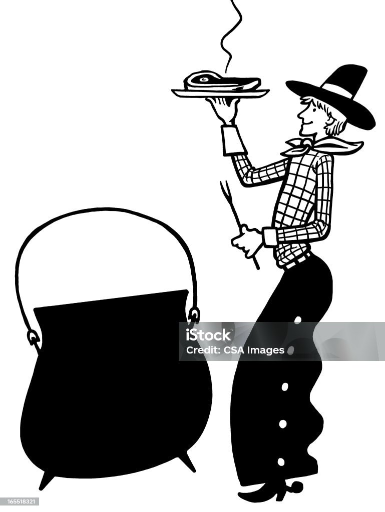 Cowboy con cena a base di bistecche e bollitore - Illustrazione stock royalty-free di Cowboy