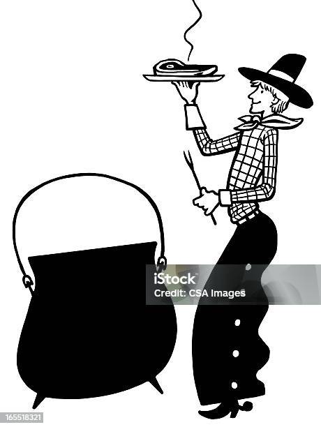 Cowboy Con Cena A Base Di Bistecche E Bollitore - Immagini vettoriali stock e altre immagini di Cowboy - Cowboy, Accessorio personale, Adulto