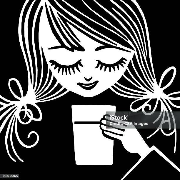 Girl Drinking A Beverage Stock Illustration - Download Image Now - Adolescence, Black And White, Black Background