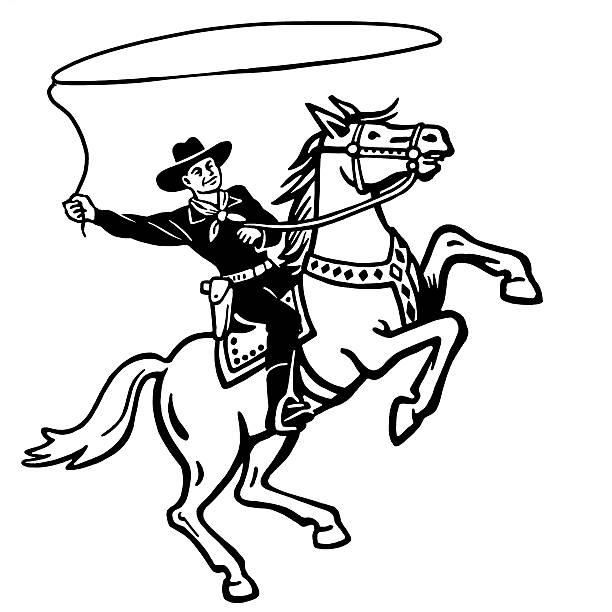 illustrazioni stock, clip art, cartoni animati e icone di tendenza di cowboy lanciare un lazo su un cavallo - cowboy horse lasso rodeo