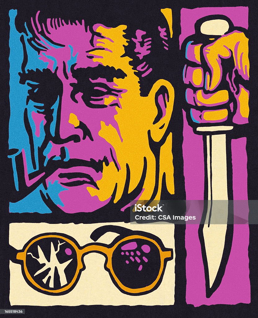 Человек курить трубу, очки и нож - Стоковые иллюстрации Нож роялти-фри