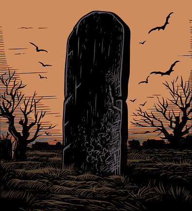Illustration of creepy tombstone in dark meadow.