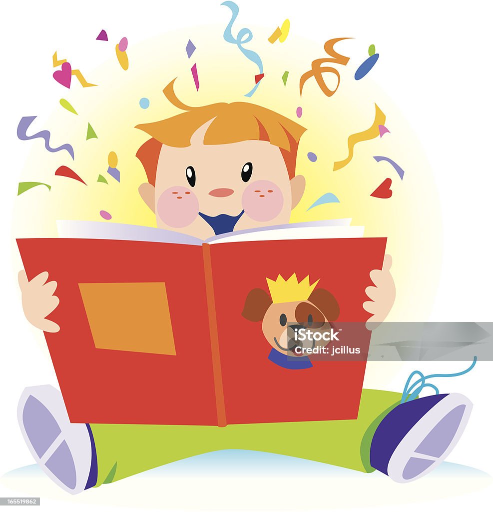 Chłopiec czyta Storybook z sunburst i confetti - Grafika wektorowa royalty-free (Alkohol - napój)