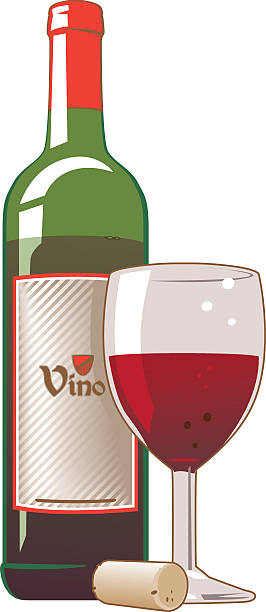 A graphic image of a red wine bottle with a cork and glass vector art illustration