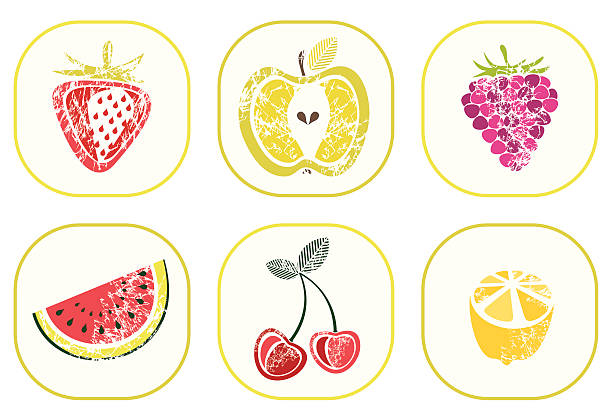 Zestaw grunge tekstura owoce i jagody – artystyczna grafika wektorowa