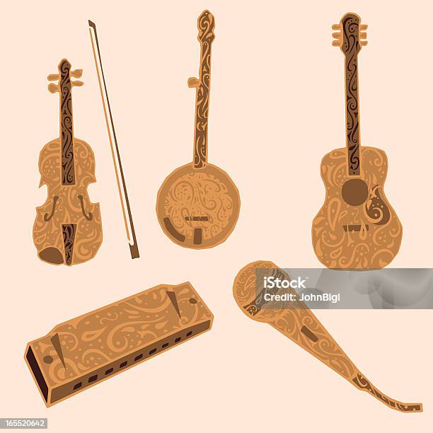 Five Decorative Musical Instruments Stock Illustration - Download Image Now - Paisley Pattern, Guitar, Musical Instrument