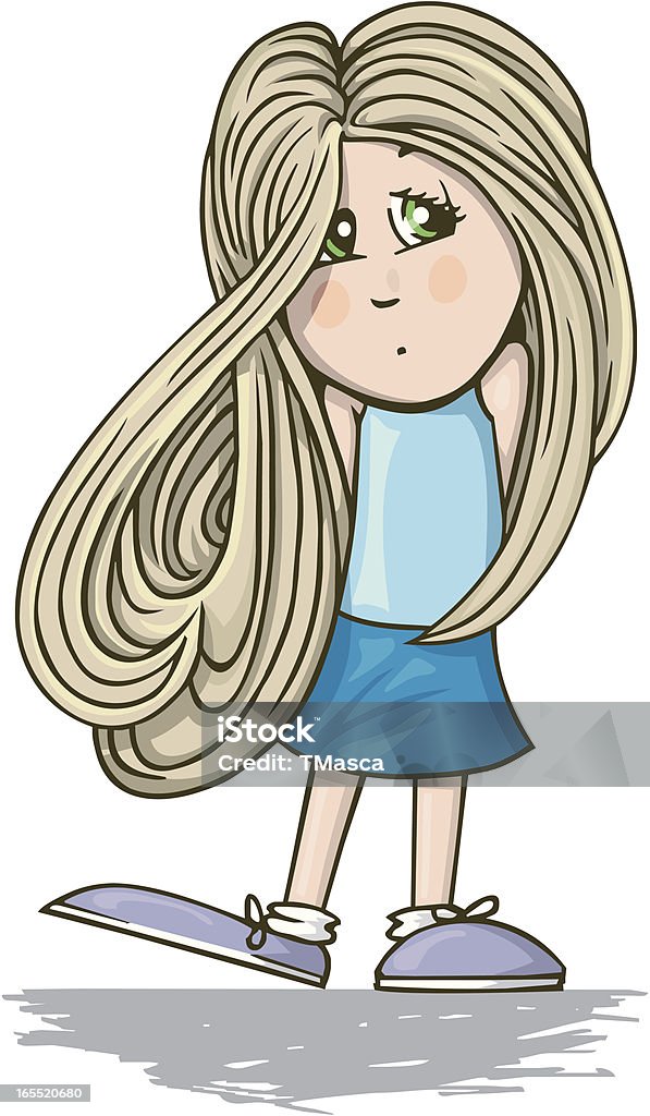 Nieśmiała Dziewczyna w niebieskim sukienka - Grafika wektorowa royalty-free (Dziewczyny)