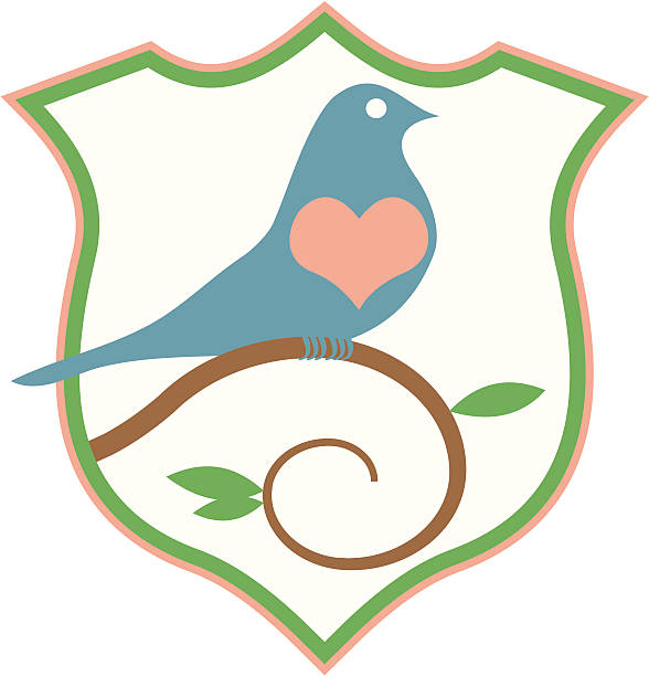 Bird on a branch with shielf and heart vector art illustration