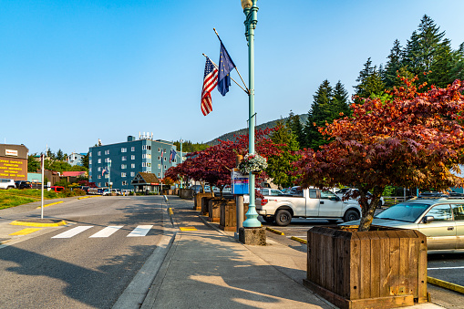Ketchikan, USA - July 28, 2023: Street view of Dock Street in Ketchikan, Alaska, USA.