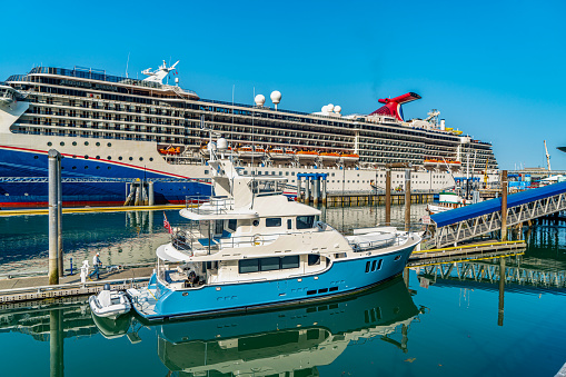 Juneau, Alaska - July 29, 2023: A cruise ship moored at the cruise dock. Juneau Cruise Ship Docks view, Alaska, USA.