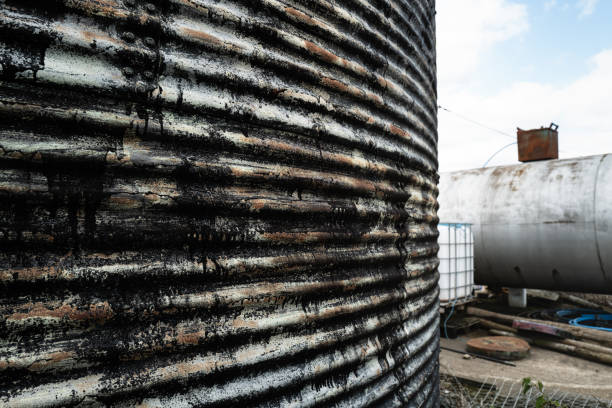 płytkie skupienie starego i brudnego silosu używanego do przechowywania oleju napędowego. - fuel storage tank fossil fuel farm refueling zdjęcia i obrazy z banku zdjęć