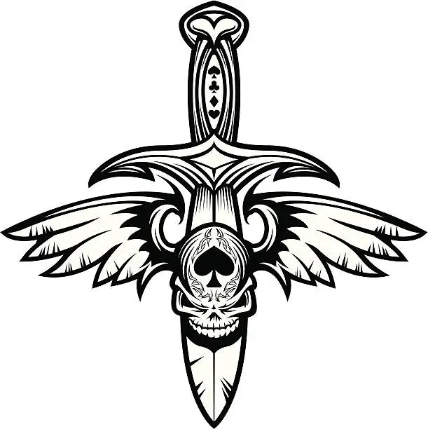 Vector illustration of Gothic Winged Skull and Blade B&W