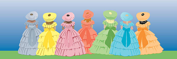 ilustraciones, imágenes clip art, dibujos animados e iconos de stock de southern belles en vestido completo desde la parte posterior - southern belle