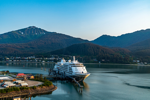 Juneau, Alaska - July 29, 2023: A cruise ship moored at pier. Juneau Harbor and Cruise Pier view, Alaska, USA.