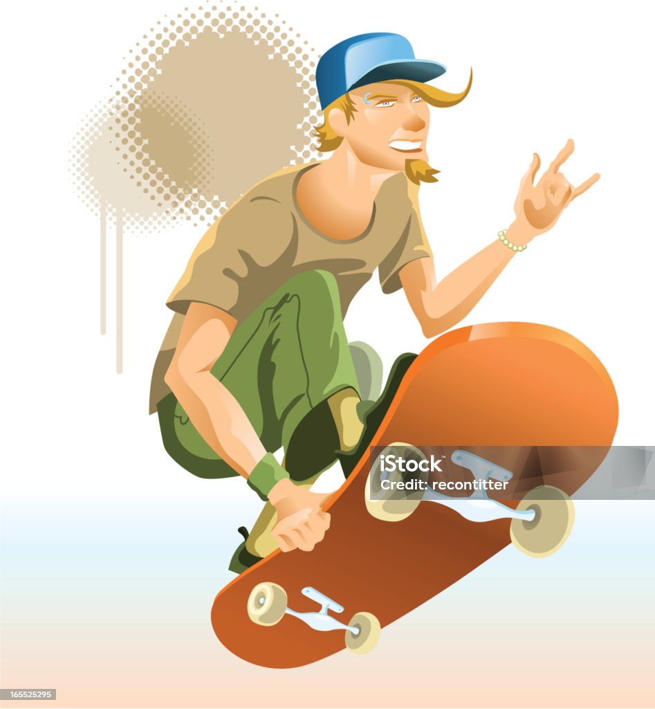 Skateboard dude in mid-air con splatter dietro di lui - arte vettoriale royalty-free di Andare sullo skate-board