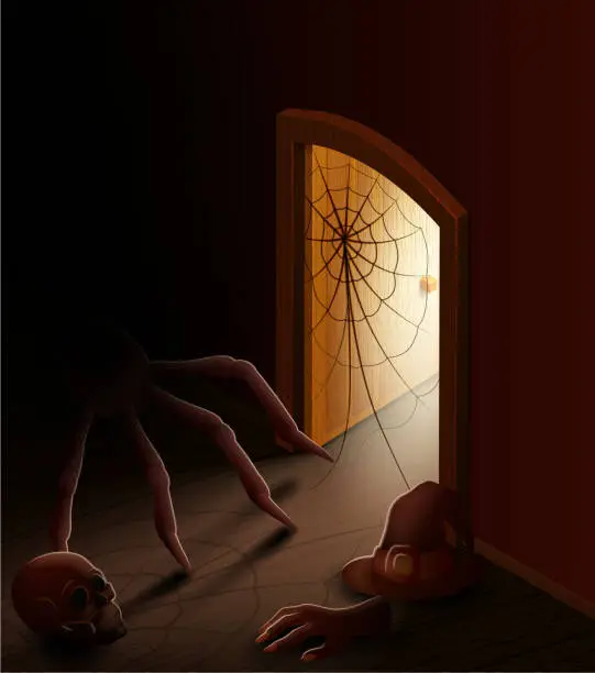 Vector illustration of Open Door with Light in the Room of Fear, Halloween room, Isometric Vector