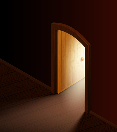 Open door with light. A dark room in which light falls from an open door. Exit. Isometric Vector illustration.