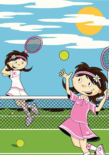 Vector illustration of Cute Girls Playing Tennis