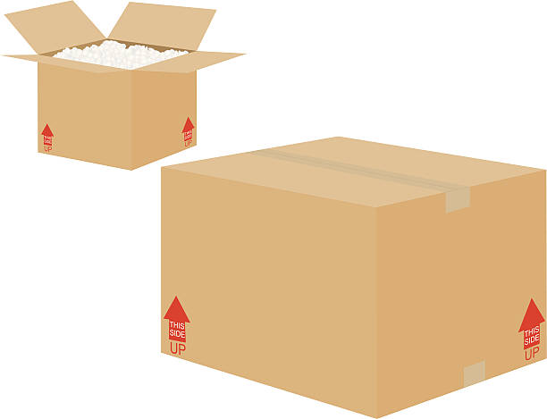 Two shipping boxes one open one closed A packed box and an open box with styrofoam peanuts. Gradients were used. Extra large JPG, thumbnail JPG, and Illustrator 8 compatible EPS are included. polystyrene box stock illustrations