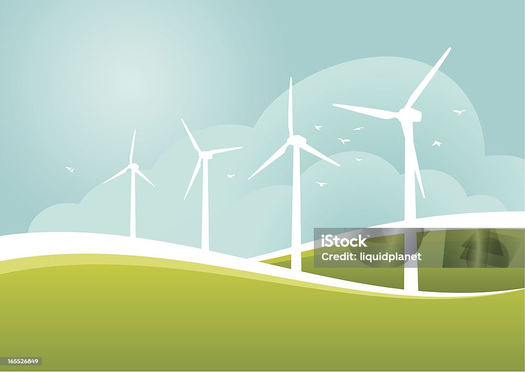 Molinos de viento en los campos - arte vectorial de Energía eólica libre de derechos