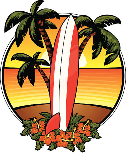 stockillustraties, clipart, cartoons en iconen met surfboard logo - tropical surf