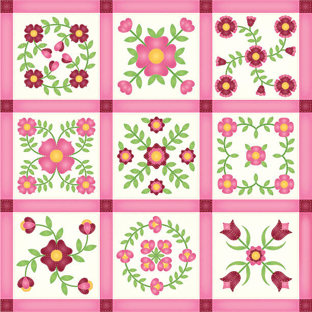 Różowy Kwiat Aplikacja Mieszany Kołdra bloki – artystyczna grafika wektorowa