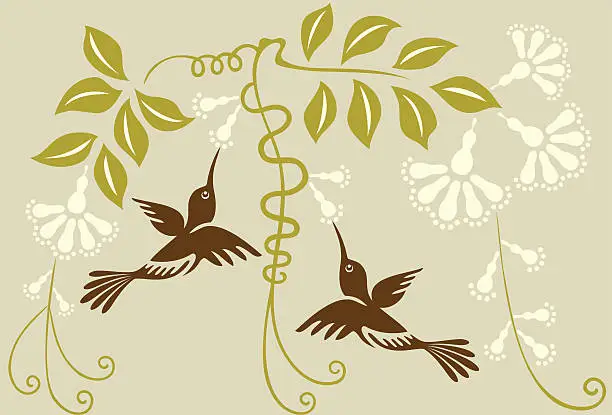 Vector illustration of Hummingbirds Couple & Flowers