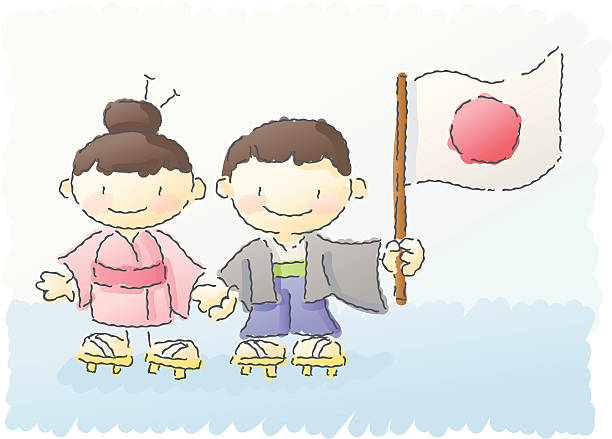 ilustraciones, imágenes clip art, dibujos animados e iconos de stock de scribbles: niños del mundo-japón - japanese flag flag japan illustration and painting