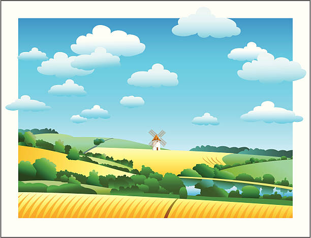 ilustrações, clipart, desenhos animados e ícones de paisagem rural com o campo de trigo e mill - stubble