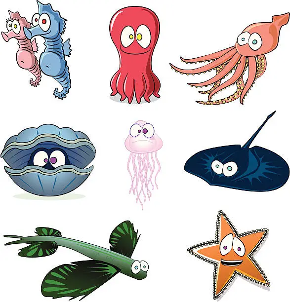 Vector illustration of Sea Creatures Cartoon Collection