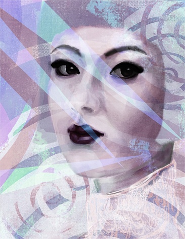 Painterly portrait of an asian girl in impressionism style on abstract geometric background