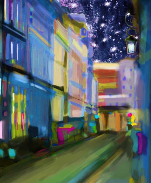 живописный уличный пейзаж ночью - allegory painting human settlement built structure house stock illustrations