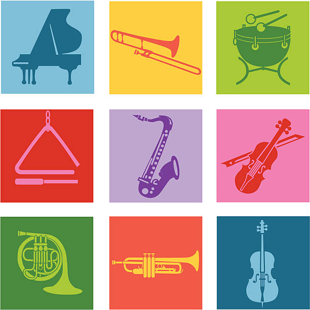 악기 - brass instrument jazz brass trumpet stock illustrations