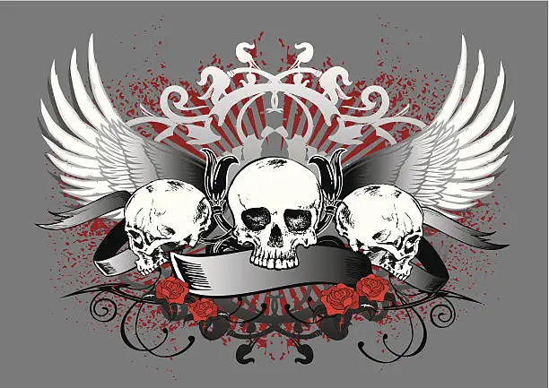 Vector illustration of three skulls with wings and floral background