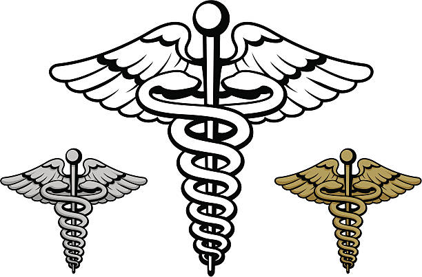 ilustrações, clipart, desenhos animados e ícones de símbolo médico - wing insignia metal silver