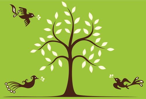 Vector illustration of a tree sapling & birds.