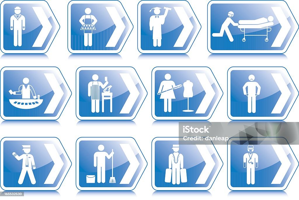 Career direction Directional signs with stick figure icons all within different occupations. Butcher stock vector