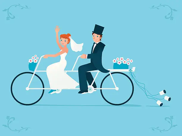 Vector illustration of Newlywed bride & groom riding on a Tandem bicycle
