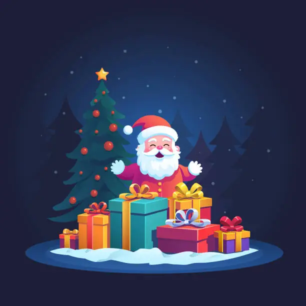 Vector illustration of Cute joyful Santa Claus with gifts near the Christmas tree