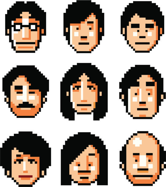 PixelFACES - Black Hair A collection of black haired faces made in pixel art. AI CS2 and hi-res JPEG included. pixelated face man stock illustrations