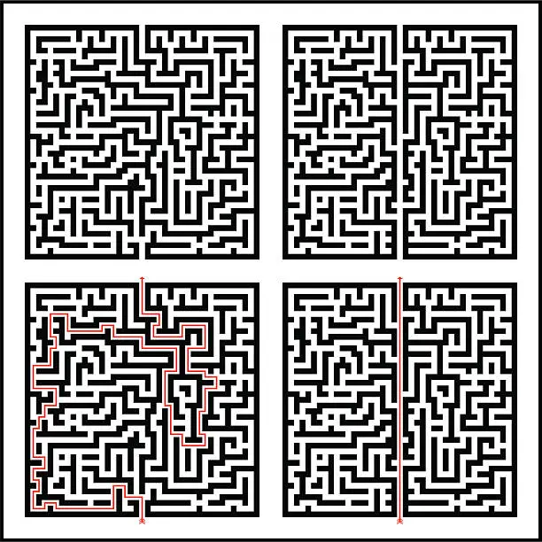 Vector illustration of Maze; Difficult & Easy plus solutions