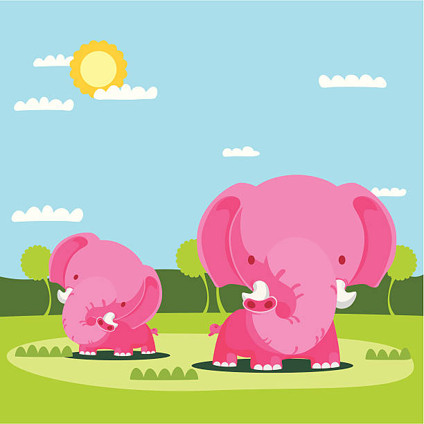 Two Pink Elephants in Field vector art illustration