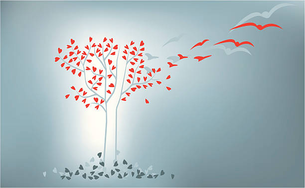 Love Evolution Tree Modern tree spreading heart shapes which turn into birds, or fall and die. morphing stock illustrations